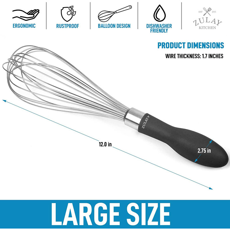 Zulay 12-Inch Stainless Steel Whisk - Balloon Wisk Kitchen Tool with Soft Silicone Handle Thick Durabl