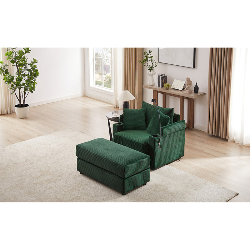 Canapé simple de 41,7 po de style moderne avec espace de rangement, repose-pieds mobile, deux ports USB, deux porte-gobelets et un support pour téléphone dans le salon