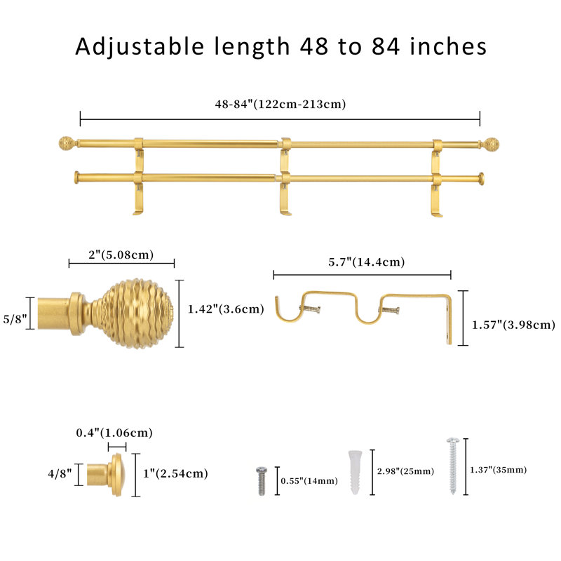 Tringle à rideaux double réglable en acier Ryenn, 48" - 84", Doré