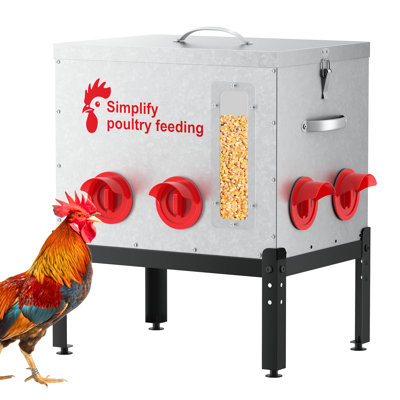 Grande mangeoire automatique à poulets de 55 lb avec fenêtre, 7 ports sans déchets - Mangeoires extérieures en métal avec support réglable, conception résistante aux rongeurs et poignées rivetées pour poulet, canards et volaille