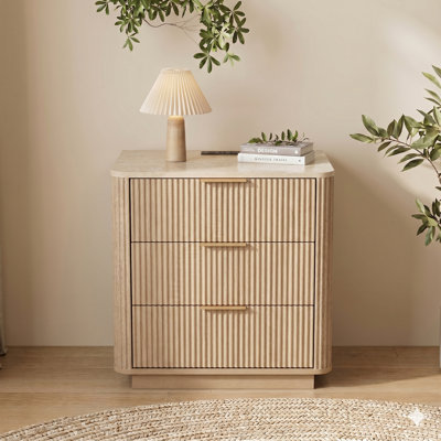 Fluted Nightstand with Charging Station, Modern Bedside Table with 3 Drawers, Wood Night Stands for Bedroom