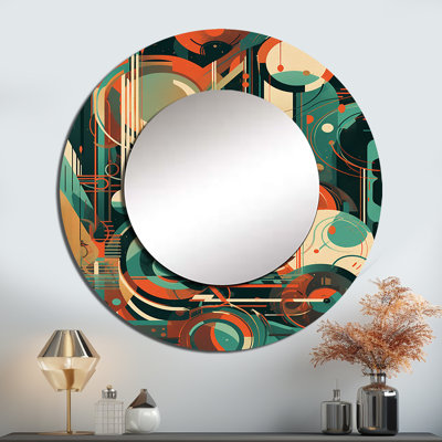 Somayah Green And Orange Mid Century Innovations IV - Midcentury Modern Wall Mirror, Green Decorative Mirror, Printed Metal Art