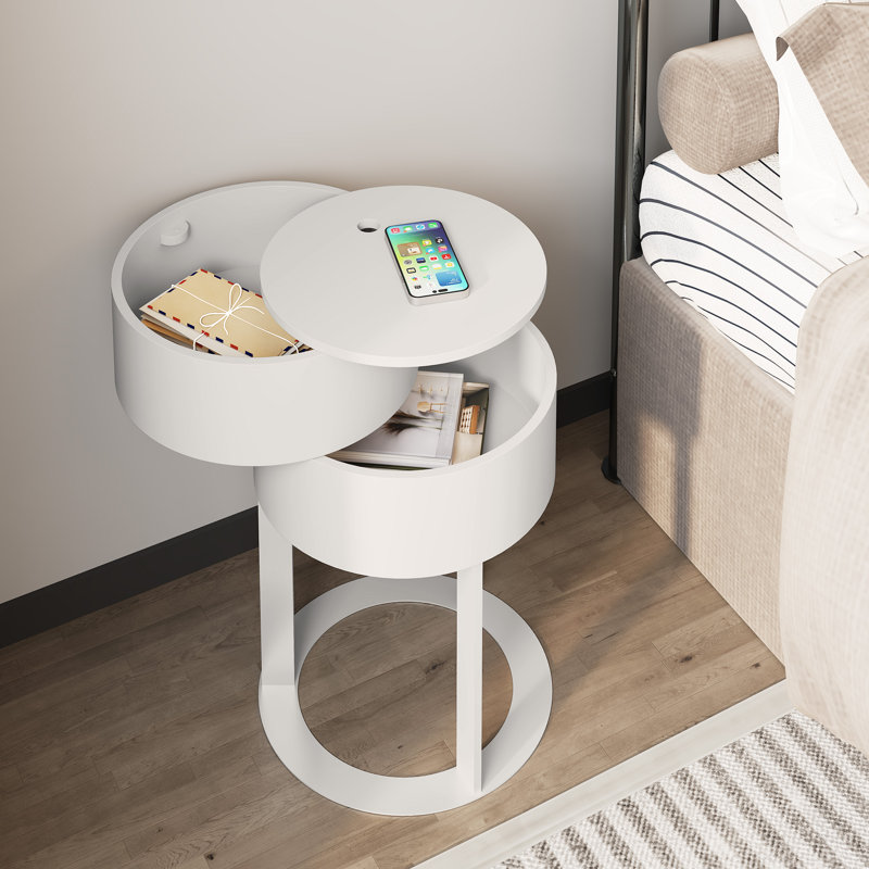 2 - Drawer Round End Table， Rotary Opening Nightstand, White, White