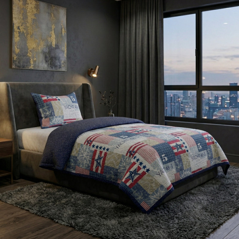 Quilt Set - Nautical Americana Patchwork Print All-Season Soft Microfiber Bedding with Pillow Sham