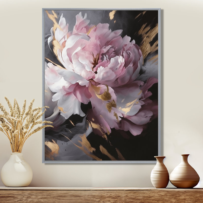 Harmonieux rose gris pivoine II - pivoines, art mural, H 20 po x l 12 po, Encadrement argenté