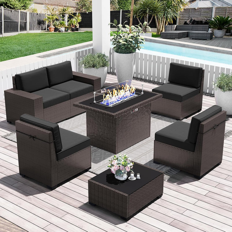  7 Pieces Outdoor Patio Furniture Set with 44" Fire Pit Table Rattan Sectional Sofa Conversation Sets, Brown, Black