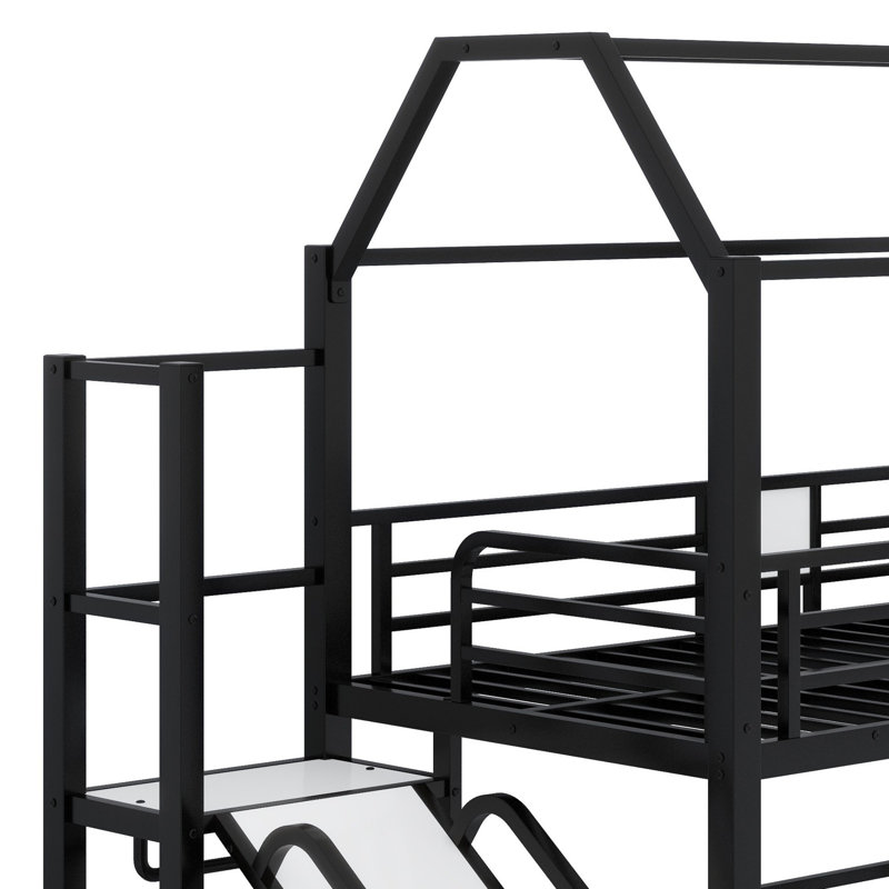 Metal House Loft Bed With Slide,Stairs And Storage Shelves, Black