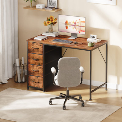  39.4" Computer Desk with 4 Fabric Drawers, Modern Writing Study Desk for Home Office, Gaming Desk Multi-Purpose Workstation Table, Wood Grain Print