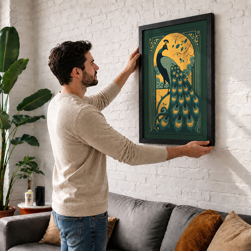Peacock and Moon Art Deco - Framed Print, Unframed, A3 - 42.0 x 29.7 cm