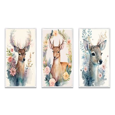 «Cute Little Deer With Pink Flowers», 3 pièces sur toile