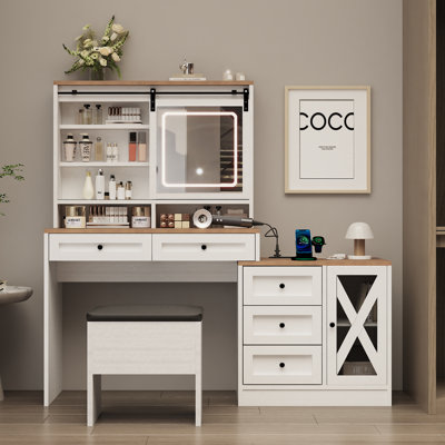 Farmhouse Vanity Desk With Sliding Lighted Mirror, White Makeup Vanity Table With Drawers And Side Storage, Large Dressing Table Vanity Set With Stool