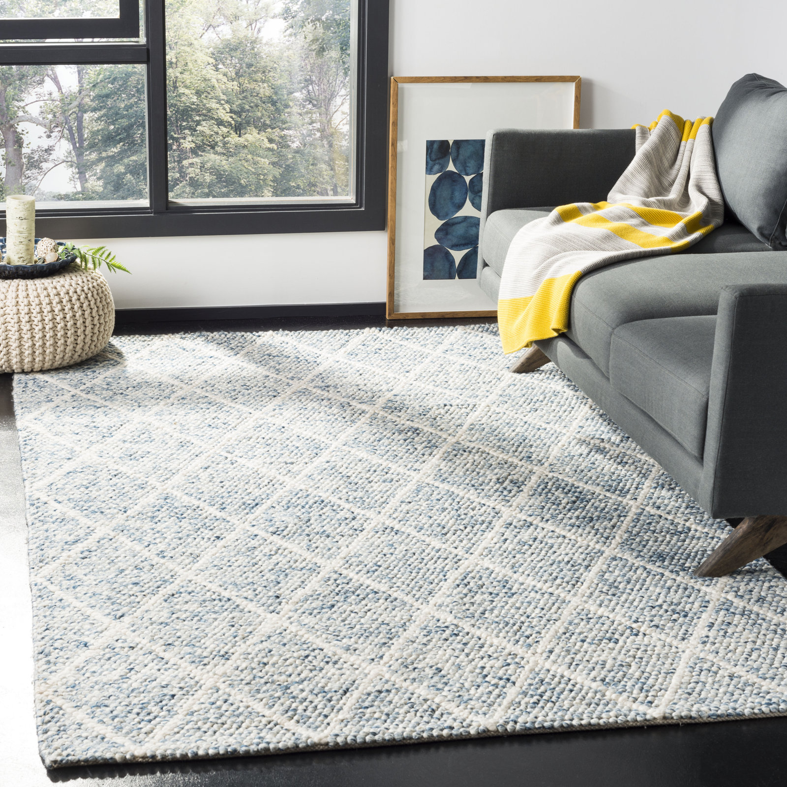 Russo Ivory Blue Hand-Woven Geometric Rug, Rectangle 6' x 9'
