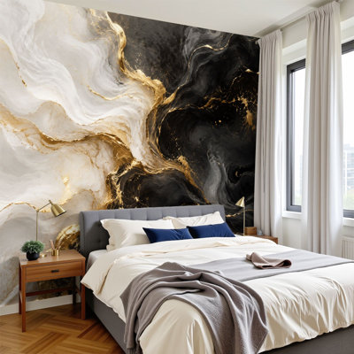 Peel and Stick Wallpaper Black White Abstract Marble Gold Accents Wall Murals 100"H x 144"W Removable PVC Wall Paper Self-Adhesive Wall Decor for Bedroom Living Room Home Office