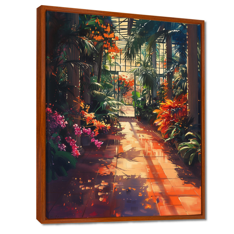 Décoration murale orange, serre rose et soleil - sanctuaire II, Cadre flottant brun, bois massif, H 24 po x l 32 po