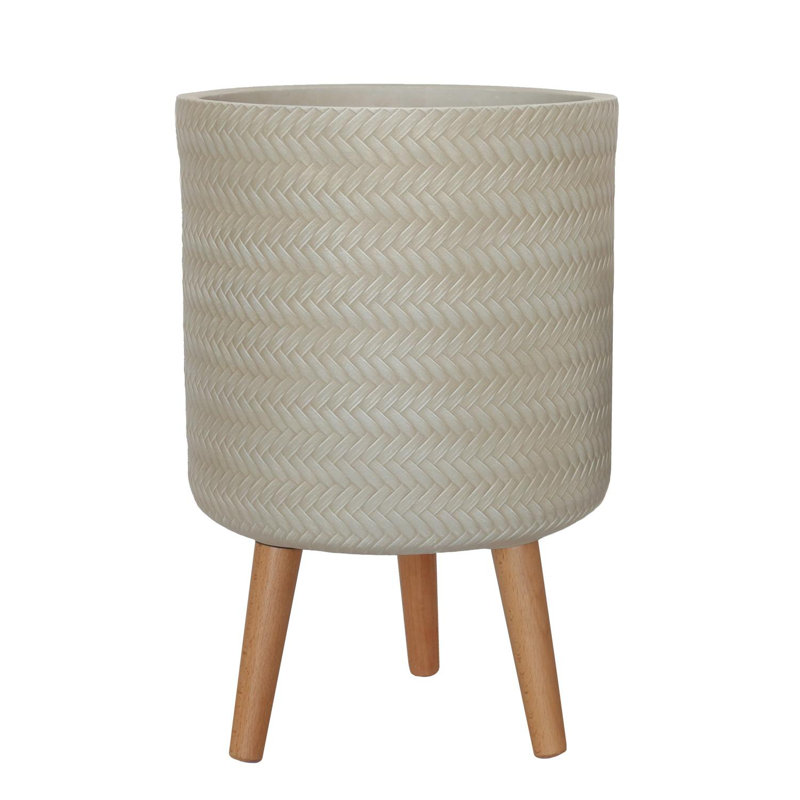 Plaited Style Cylinder Round Planter with Feet, Beige, 46cm H x 30cm W x 30cm D
