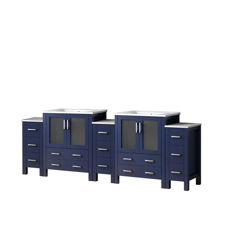 Navy Blue Double Bath Vanity 96 In. W X 18.25 In. D, With Side Cabinets, And White Ceramic Top, Navy Blue
