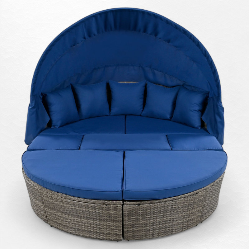Joscelin 66.1 " W Wicker Patio Daybed with Cushions, Gray/Blue