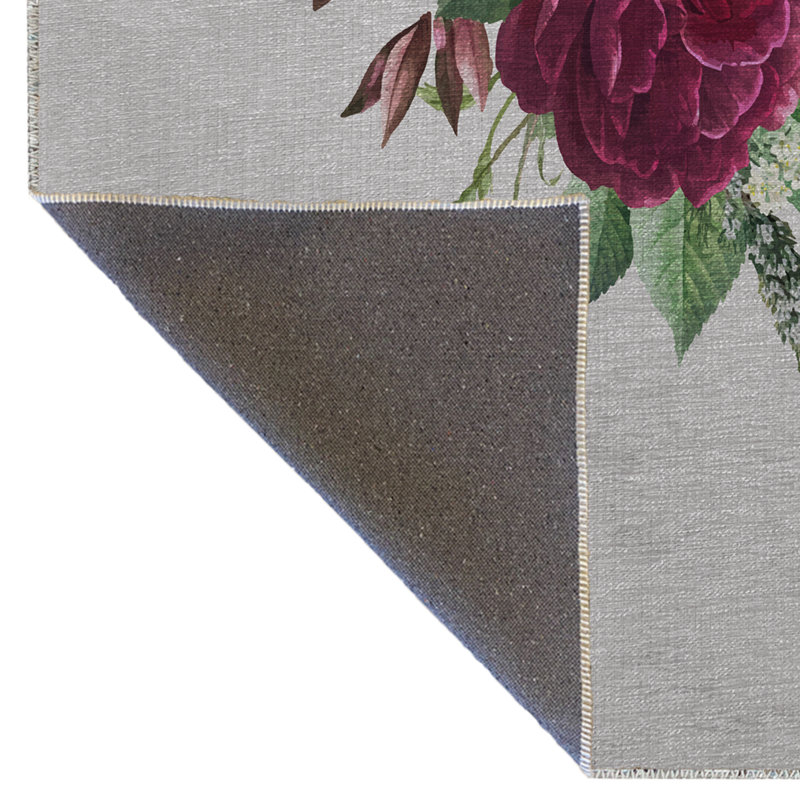Tapis décoratif moderne à motif de feuille beige et de rose mauve, Tapis de couloir 2 pi 8 po x 9 pi 11 po