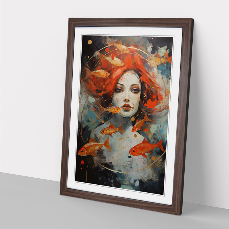 Pisces Zodiac Expressionism - Single Picture Frame Print on Wood, 64cm H x 46cm W x 2cm D, Walnut Framed
