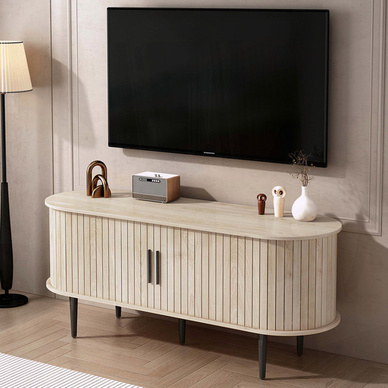 47-Inch Modern TV Console with Sliding Door and Fluted Details, 21.65"H x 47"L x 15.75"W, Natural Wood