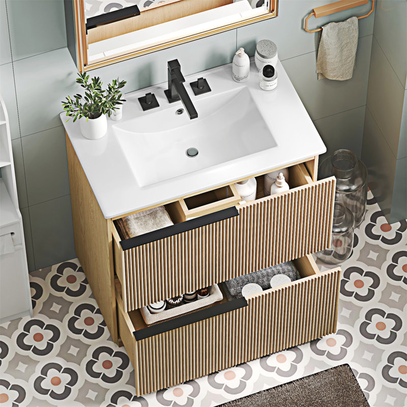 Meuble-lavabo avec lavabo et tiroirs en céramique, Naturel