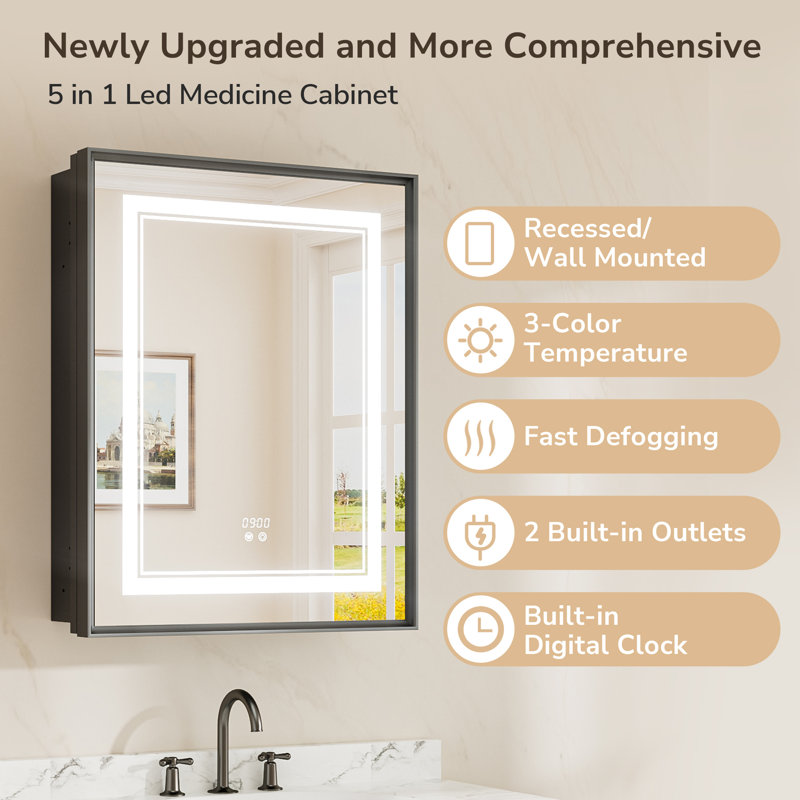 Kassady Recessed & Surface LED Lighted Bathroom Medicine Cabinet, 3-Color, 2 Outlets, Defog Mirror, 30" H x 24" W x 4" D