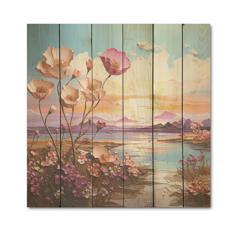 Rose, coquelicots, champ de montagne, art floral sur bois de pin naturel, H 36 po x l 36 po