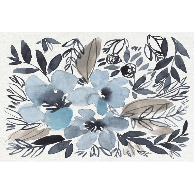 Blue And Paynes Blooms II - Wrapped Canvas Painting, 30 cm H x 46 cm W, Black Floater Framed