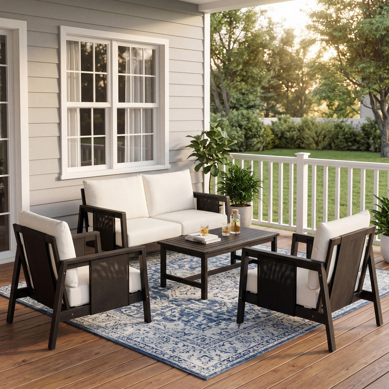Ensemble de canapés d'extérieur 4 pièces en bois d'acacia avec textilène noir et coussins blancs hydrofuges pour terrasse de patio fini gris foncé