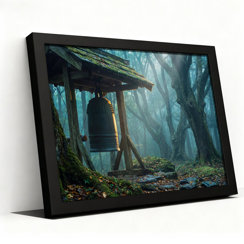 Cloche de temple en bronze dans une forêt brumeuse - Tableau sur toile, 12"H x 18"W