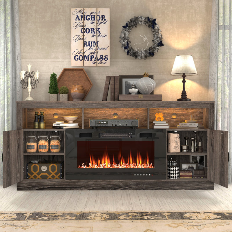 Crédence de rangement avec foyer Zev, Gris, H 31,5 po x l 70,8 po x P 13,8 po