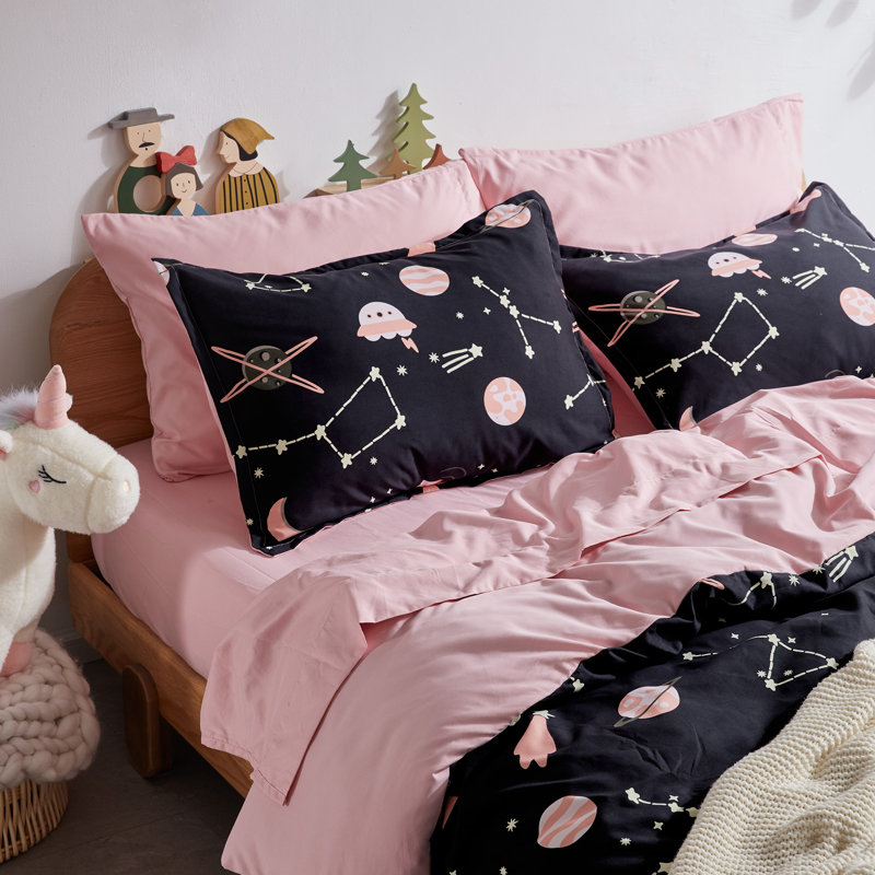 Kids Galaxy Reversible Duvet Cover Set, Twin Duvet Cover + 1 Standard Sham, Black/Pink
