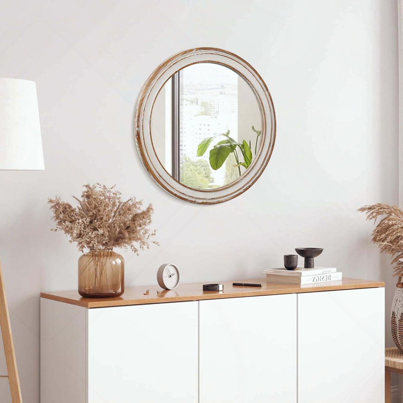 Miroir mural rond, maison de campagne en bois avec bordure blanchie, 35,43 po x 35,43 po