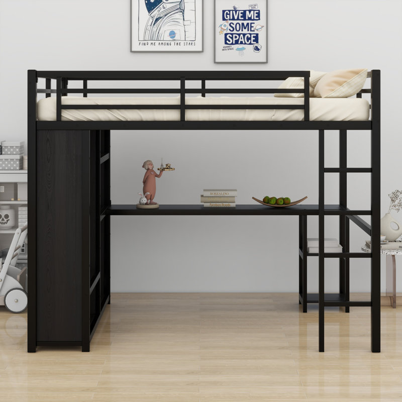 Structure de lit mezzanine avec garde-robe, bureau et tablettes de rangement