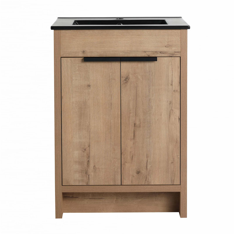 Meuble-lavabo autoportant avec lavabo en céramique, Chêne, Noir, 24"