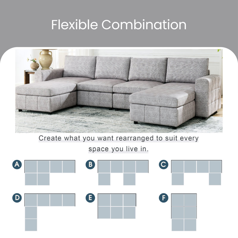 Upholstered U-Shaped Sectional with Ottoman Reversible, Light Gray Polyester Blend