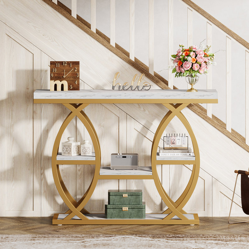 100cm Console Table, White Marble, Gold