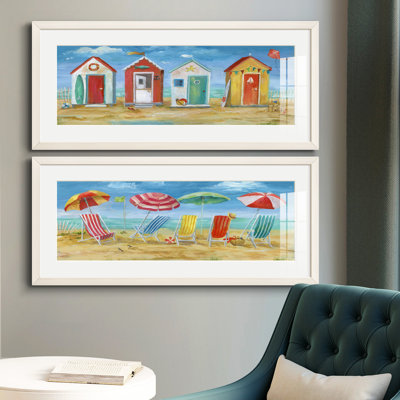 Bright Beach Huts - Matted and Framed Under Glass, Set of 2, Coastal Wall Art for Living Room