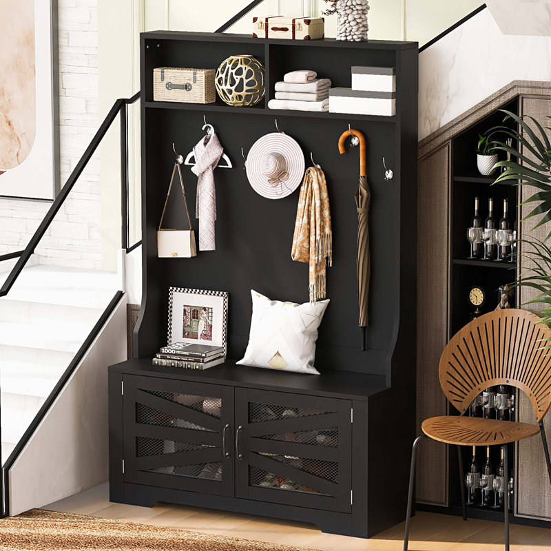 Entryway Bench with Coat Rack, 3-in-1 Design and Adjustable Shelves, Hall Tree with 7 Hooks for Entrance, Living Room, Black