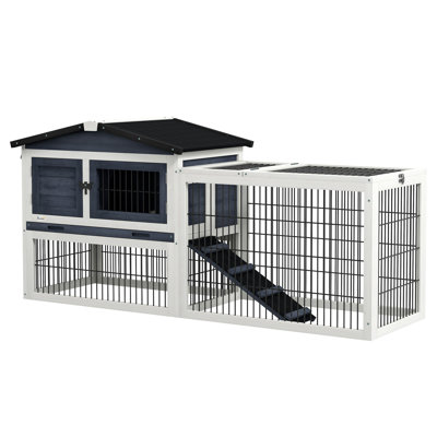 2 Levels Outdoor Rabbit Hutch with Openable Top, 59" Wooden Large Rabbit Cage with Run Weatherproof Roof, Removable Tray, Ramp, 
