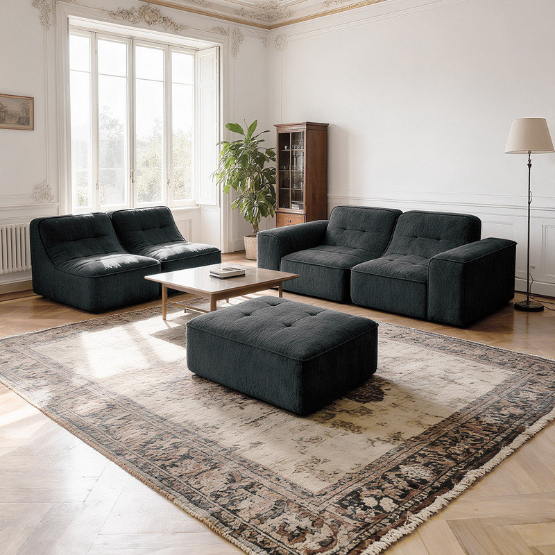 Canapé modulaire modulaire avec repose-pieds et méridienne amovibles, canapé capitonné profond, Chenille noir