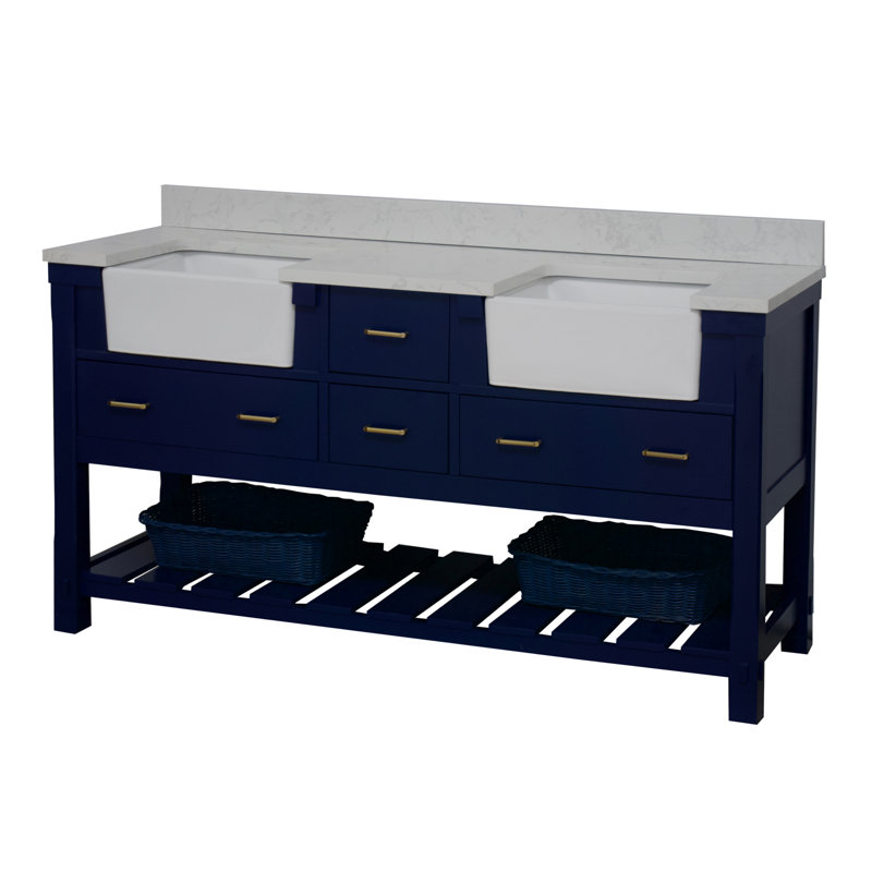 Hitton 72'' Double Bathroom Vanity with Top, Royal Blue, Engineered Carrara