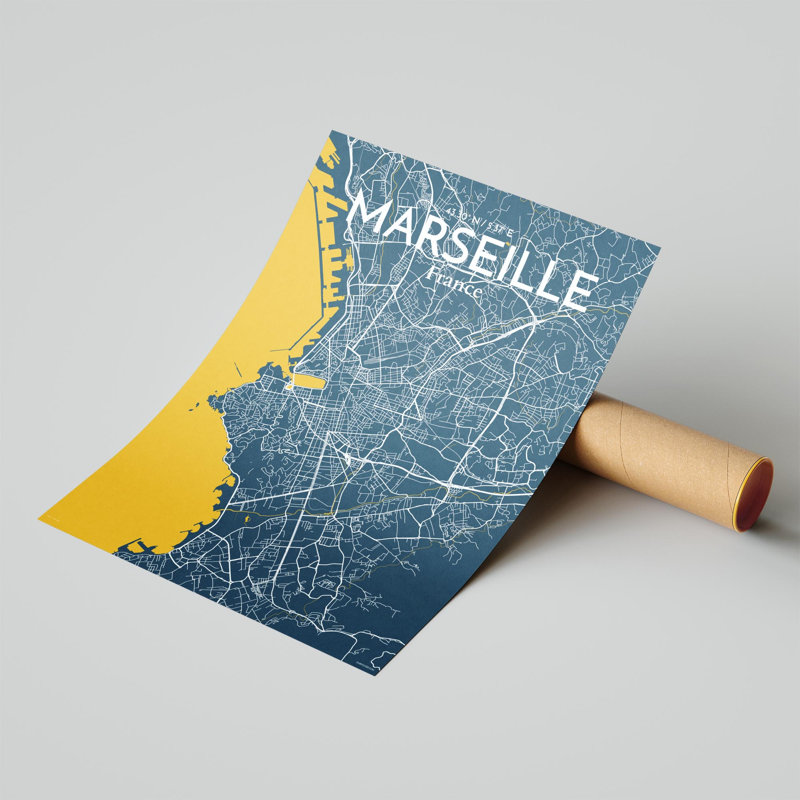 «Marseille City Map», impression, H 24 po x l 18 po, Bleu / Jaune