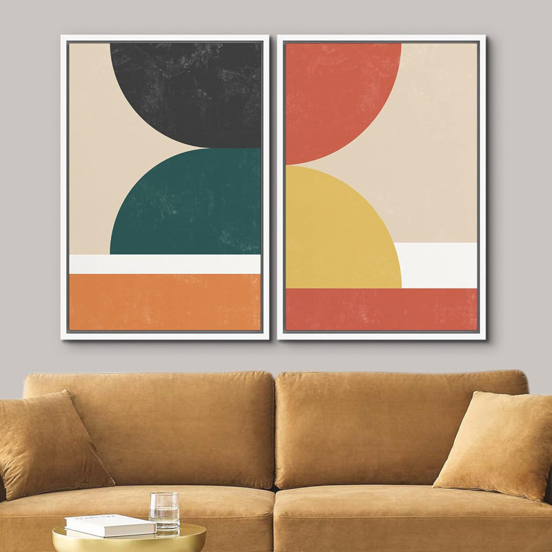 " Geometric Colorful Block Abstract Shapes Modern " 2 - Pieces, White Floater Framed, 36" H x 48" W x 1.5" D