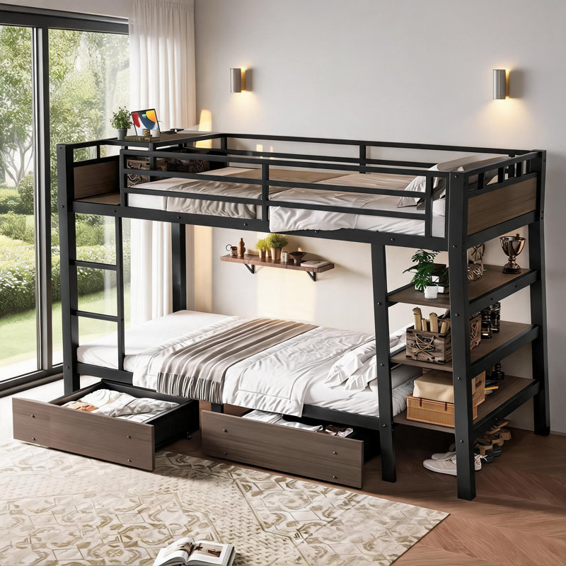 Structure de lit superposé simple pour les petits espaces de chambre à coucher Métal noir profond avec tablettes de rangement Bande lumineuse à DEL et multiprise USB