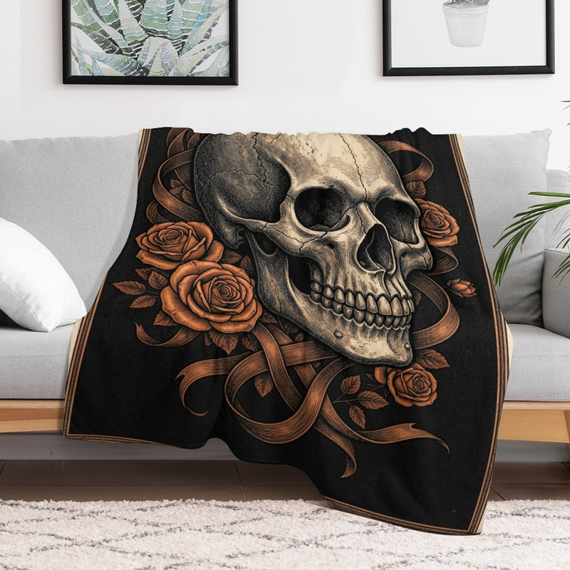 Jeté en flanelle Skull With Roses, 50 x 60 po