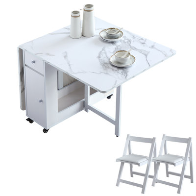 Folding Drop Leaf  Dining Table with Lockable Wheels & Storage