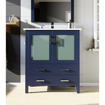 30 po Installation de meuble-lavabo W, plateau en céramique blanche, miroir ovale à 28 po, tiroir à fermeture en douceur, meuble-lavabo à compartiments de rangement larges, profondeur de 18,25 po, plateau, fixation murale biseautée, deux