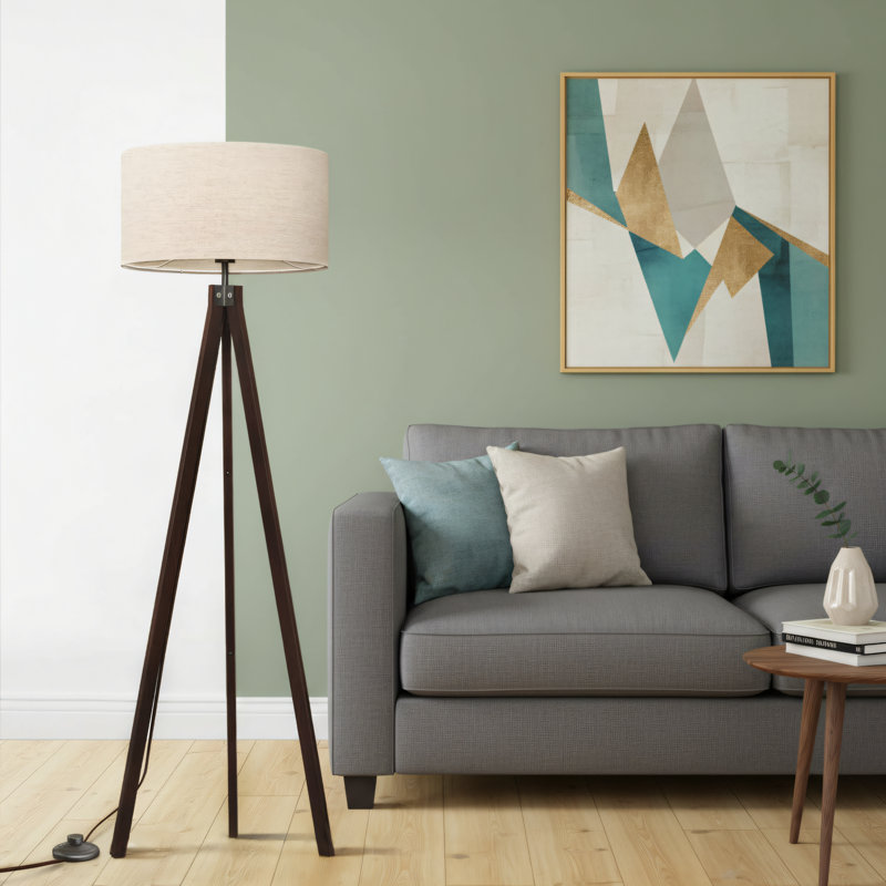 Medieval-Style Wooden Tripod Floor Lamp, Modern Design + Linen Lampshade. E26. Suitable For Living Rooms, Bedrooms, Studies, And Offices. Walnut Color.