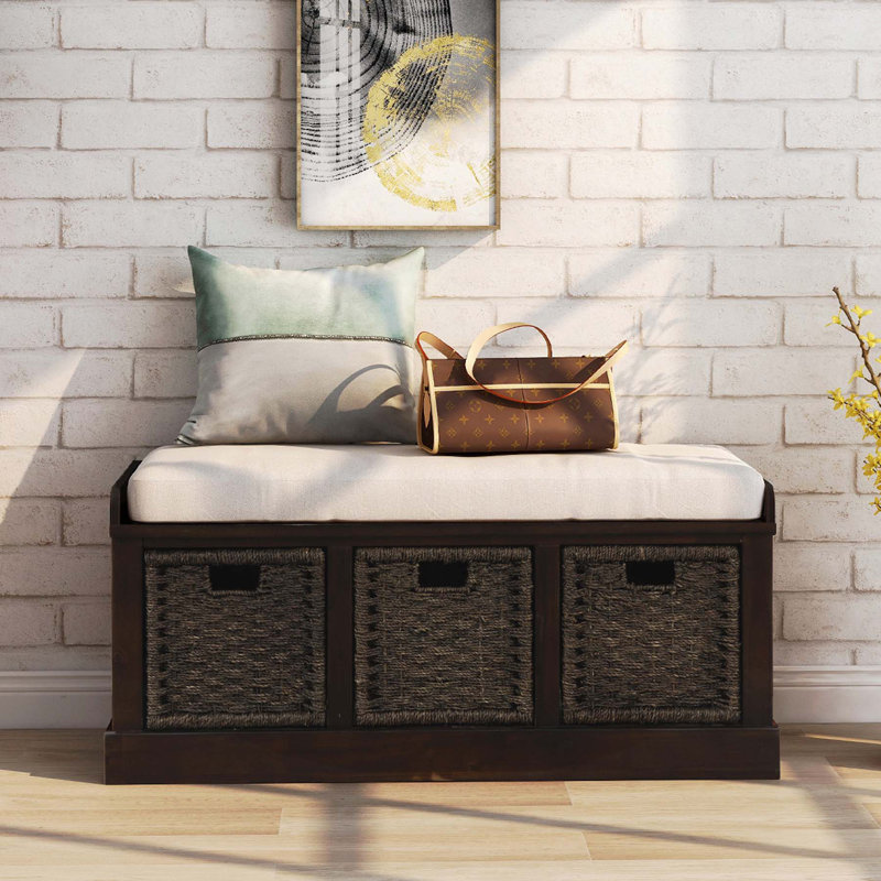 Banc de rangement rustique avec 3 paniers en rotin classiques amovibles, banc d'entrée avec coussin amovible (espresso)